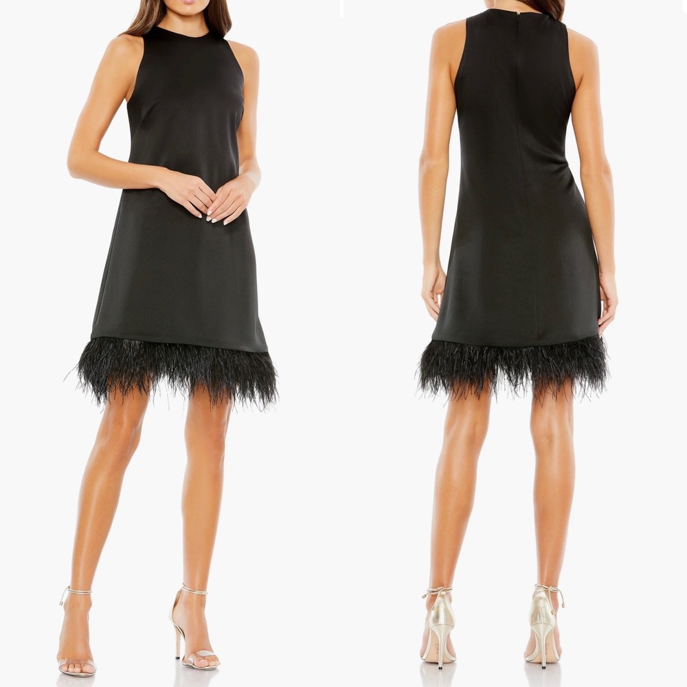 Ieena Mac Duggal Black Feather Marabou Trim Mini Dress Cocktail Party Event LBD